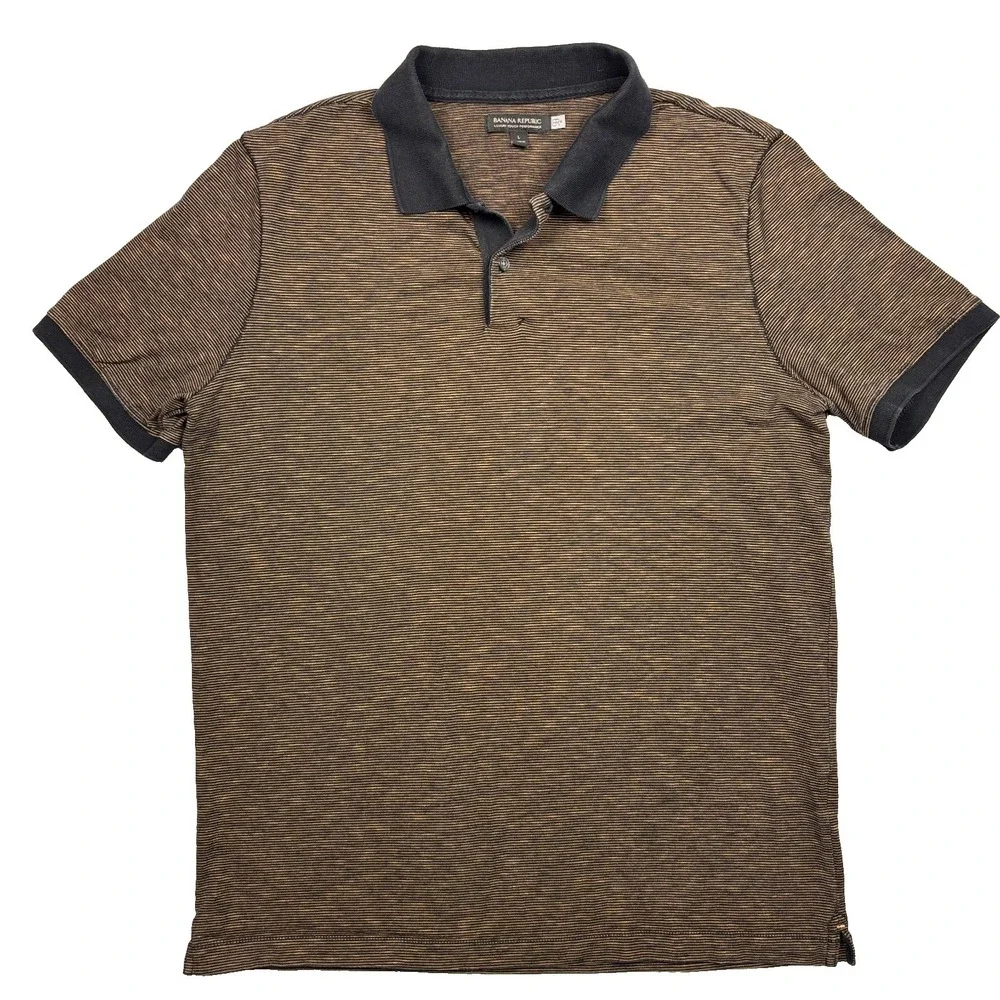 Banana‎ Republic Polo Mens Large Brown Stripe Luxury Touch Performance L